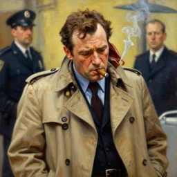 police detective columbo ( played by young peter falk ) in his messy trenchcoat, smoking a cigar while rubbing his head. 1 9 8 0 s oil painting in the style of edward hopper and ilya repin gaston bussiere, craig mullins. warm colors. detailed and hyperrealistic.