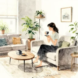 woman having coffee in a biophilic living room, ink and watercolor