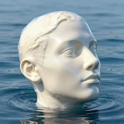 a modern sculpture of a squashed human head with ice cream spread on it wrapped in cling film, on ocean water, cg render, ray tracing, 8 k resolution, sharp