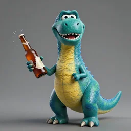 barney the dinosaur from the kid's show holding a broken beer bottle, absurdist, hyperrealistic, digital art