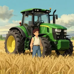 farmer cultivating wheat on the farm in his john deere tractor, close up shot, studio Ghibli, Pixar and Disney animation, sharp, Rendered Unreal Engine 5, film key art, Greg Rutkowski, Bloom, dramatic lighting