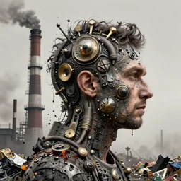 a profile portrait of man, industrial smokestack accents, spilled oil, pollution, character portrait, facing right!!!, trash, ultra realistic, wide angle, intricate details, the fifth element artifacts, highly detailed by peter mohrbacher, hajime sorayama, wayne barlowe, boris vallejo, aaron horkey, gaston bussiere, craig mullins