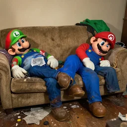 real life mario and luigi, hung over and slumped on a couch, living in squalor