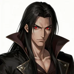 dracula, long dark hair, bright red eyes, castlevania, character concept art, sharp focus, octane render, unreal engine 5, highly rendered, trending on artstation, detailed linework, illustration by artgerm, wlop, and ayami kojima
