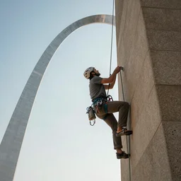 a man in climbing gear scaling the st louis gateway arch