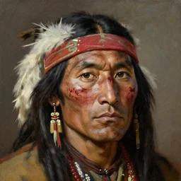 an old sioux warrior, scars on his face, oil on canvas, artstation, by j. c. leyendecker and edmund blair leighton and charlie bowater, beautiful face, octane, very aesthetic!!!!!!!!!!!!!!! stunning gorgeous big eyes