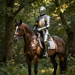 shining knight on a horse, dappled light coming through the trees