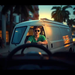 a young man wearing green shirt and sunglasses is driving a white van down the street, cinematic lighting, establishing shot, art by jordan grimmer