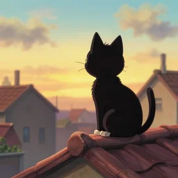 a wholesome animation key shot of a black cat seated on top of a roof with tiles, looking at the buildings, medium shot, studio ghibli, pixar and disney animation, sharp, rendered in unreal engine 5, anime key art by greg rutkowski, bloom, dramatic lighting, golden hour, very warm colors