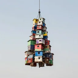 a suspending tower made up of colourful makeshift squatter shacks, mamiya, 8 5 mm, f 1. 7, uniform plain sky, digital glitches, photographed by nick knight