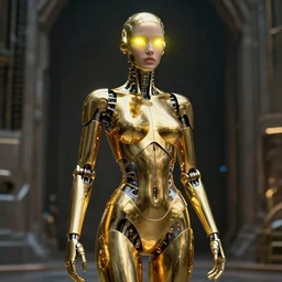 maria of metropolis, a golden humanoid robot, beautiful face, full length portrait, scifi, futuristic, raytracing, yellow neon cyborg eyes, sharp focus, cinematic lighting, highly detailed, artstation, divine, by fritz lang, gauthier leblanc