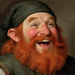 closeup portrait of a dwarven bard, happy, laughing, rosy cheeks, red beard, freckles, art by gustave dore