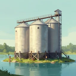 A granary in a lagoon, digital art, artstationhq, by Charles Sheeler and Jordan Grimmer and Victor Mosquera