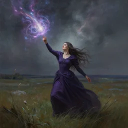 sorceress casting powerful meteor spell in the plains. highly detailed painting by seb mckinnon 8 k
