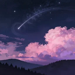 matte painting layered night sky. Stars and a swirly thin cloud. pink and purple ombre puffy cotton candy clouds. Dark hills forest silhouette below. Meteorite trail in night sky. Cyril Roland naomi okubo.