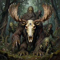 hyperdetailed art nouveau portrait of treebeard and swamp thing as a cthulhu eyeball moose skull wendigo swamp thing creatures, by michael kaluta, pushead and bill sienkiewicz, photorealism, claws, skeleton, antlers, fangs, forest, wild, bizarre, scary, lynn varley, lovern kindzierski, steve oliff