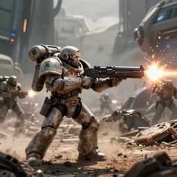 VFX movie of a futuristic spacemarine in war zone, shooting gun natural lighting by Emmanuel Lubezki