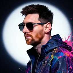 messi as anaesthetic cyberpunk hacker wearing sunglasses and a silver diadem, side portrait, striking, defiant, spotlight, paint drips, paint splatter, vibrant colors, beautiful eyes, futuristic clothing, by marco paludet and gianni strino and marion bolognesi