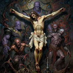 the platonic ideal of the passion of the christ of cletus kasady ultimate carnage thanos dementor doctor manhattan chtulu nazgul, detailed, intricate, hyperrealism, intense, scary, decay, dmt, art by brock hofer and artgerm and greg rutkowski and alphonse mucha