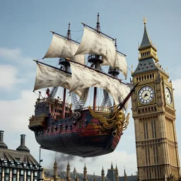 photography of a hyghly detailed ghost pirate ship flying above big ben. london. intricate, hyper realism, professional digital art, unreal engine 5, 8 k render, sharp focus, trending on art station.