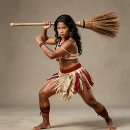 amazonian woman in fighting pose with a broom as a weapon, movie poster, realistic hyper detailed concept art