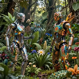 photorealistic of cyborgs made of cybernetic material and leaves plants woods and flowers, new synthesis and symbiosis in search of a new balance and learning, full color vibrant reflective tech tribal art