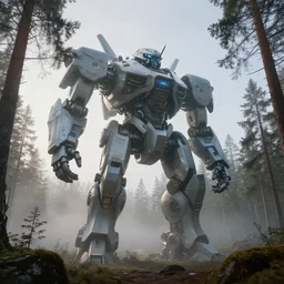 futuristic colossal mech fortress travels across a swedish forest in the misty morning very low angle photograph trending on artstation