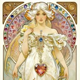 woman in an elegant ballgown, surrounded by gemstones, heart shaped pendant, wrapped in flowers, long white hair, intricate jewely, realistic, art by alphonse mucha, wlop