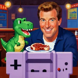 beautiful lifelike painting of retro snes game starring gene kelly demanding a refund on undercooked overpriced dinosaur steak in downtown dive bar bistro, hyperreal detailed facial features and uv lighting, retro bitmap pixel art painting