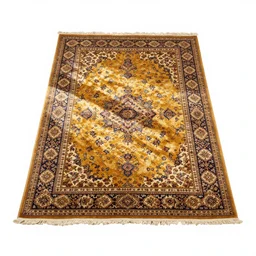 gilded persian rug, studio product photography, isolated on a pure white background, centered, entire object in frame, sharp focus, soft studio lighting