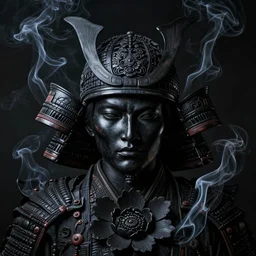 samurai portrait, black carved wood flower portrait, noir, stylized liquid smoke twisting, dark fantasy, cinematic lighting, intricately detailed, liam brazier, petros afshar, peter mohrbacher, artstation