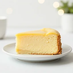 light yellow cake on a plate, side view, white wall background, bokeh, food photography