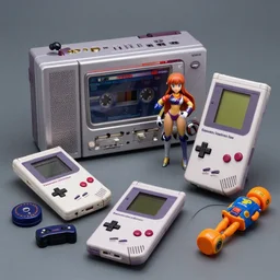samus aran's varia suit in the style of a 1 9 8 0 s grey aged cassette tape player, a gameboy dmg - 0 1 classic, as well as the handyboy, konami hyperboy, saitek boosterboy accessories. cyberdeck. product photography. random bits and bobs.