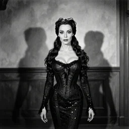 b & w photo of morticia addams as played by catherine zeta jones, distance shot