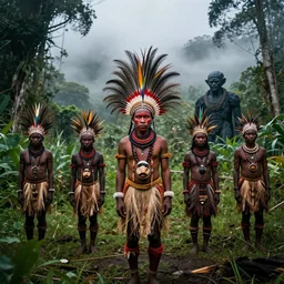 character and environment photography, portrait, papua new guinea tribe guarding misty paradise, medium shot, vibrant colors, birds of paradise feathers, otto dix, jans svankmejer, junji ito, hyperrealistic, beksinski, hr giger, wide angle, 2 0 0 px, low key
