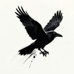 svg tattoo sketch. black silhouette of a flying raven with paint streaks