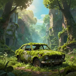 a abandoned ruined and mossy car in the middle of a ruined and mossy city full of trees, pixar and disney style, fantasy, digital art, ghibli studio, masterpiece, high quality, highly detailed, high coherence, path traced, bloom, godrays crossing the scene, complementary colors, apocaliptic ambient, beautiful, elegant, symmetrical