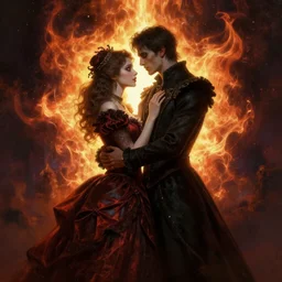 hyper detailed trending on artstation digital art vintage painting of woman and man embracing the burning cosmos of light and love created with a dark atmosphere in a gothic macabre haute couture look and bespoke feel hd 3 d