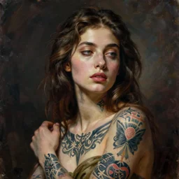 a beautiful young woman with tattoos, painted by michaelangelo in oil, in the style of irakli nadar, deep mood, hyperrealism, epic and cinematic