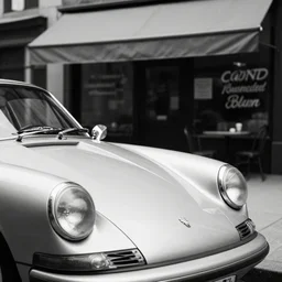 An old porsche parked in front of a cafe in NYC, vintage photo, DSLR, black and white, close-up