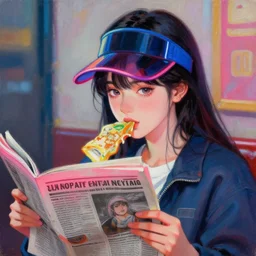 portrait eating girl, visors, streetwear, neon, reads newspaper, detail beautiful face, manga style, oil painting by j. c. leyendecker, 8 k