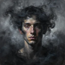 art portrait covered in black smoke from heaven, abstract, surreal, painted by michael whelan, artgerm, greg rutkowski and luis royo