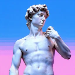 a blue and pink photo of a statue of a man, a marble sculpture by michelangelo, cg society, neoclassicism, vaporwave, retrowave, synthwave