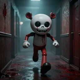 portrait, bonnie, FNAF,  game screenshot, jumpscare, dramatic lighting, bloody, cinematic, fog, establishing shot, action shot, dynamic pose, running down the hallway, creepy ambience