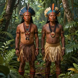two indigenous people standing together in the jungle, fantasy art, highly detailed, matte painting