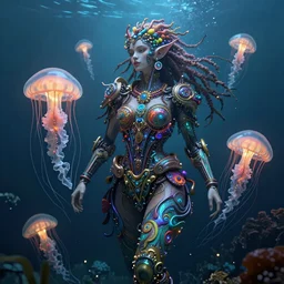 underwater photography of a biopunk colorful beautiful queen with dreadlocks in symbiosis with something made of jellyfish, intricate and ornate alien technology, bioluminescence, bloom, dim rim lighting, by victor grasso and scott musgrove, anton h. r. giger and tooth wu, digital illustration, concept art, cg society