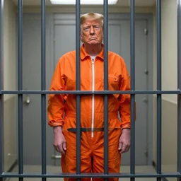 donald trump in prison, behind bars, wearing an orange jumpsuit