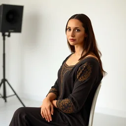 casual photograph of a woman sitting in a studio room pensively, with the poise and appearance of the ( ( ( ( ( ( ( ( mona lisa, taken in 2 0 1 9 with a digital camera, full color, head shot