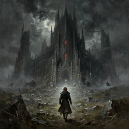 concept art mood painting environment painting man walking towards minas morgul ominous dark spectral fortress lord of the rings. style of, ryan church, jon mccoy, george hull, painting