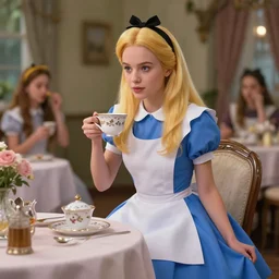 a blonde - haired white girl, tea party scene in alice in wonderland, artstation, concept art, smooth, sharp focus, cinematic, 8 k, by ruan jia and ilya kuvshinov and krenz cushart